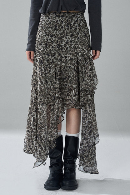 Asymmetrical Leopard Print Chiffon Skirt