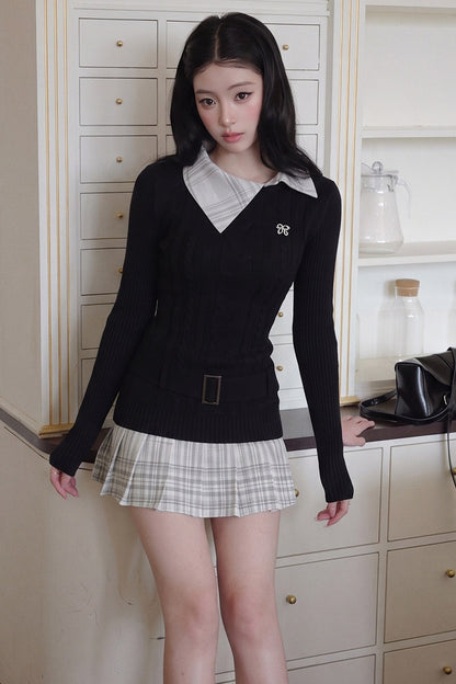 Collar Shirt and White A-Line Skirt Set-Up