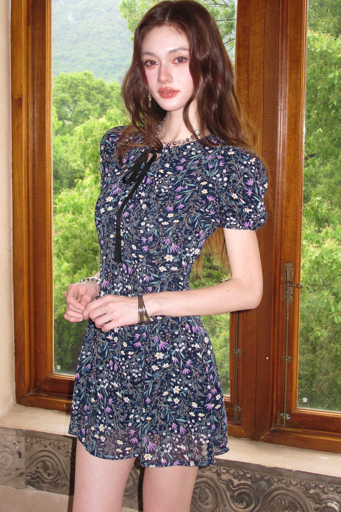 Purple Lilac Floral Puff Sleeve Dress