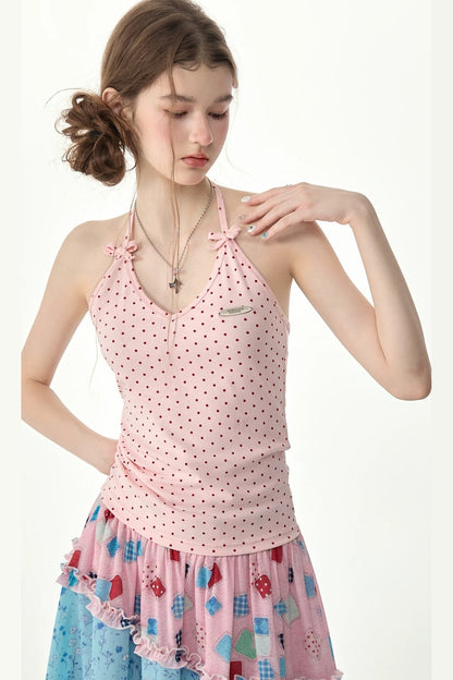 Rosa gepunktetes Neckholder-Tanktop