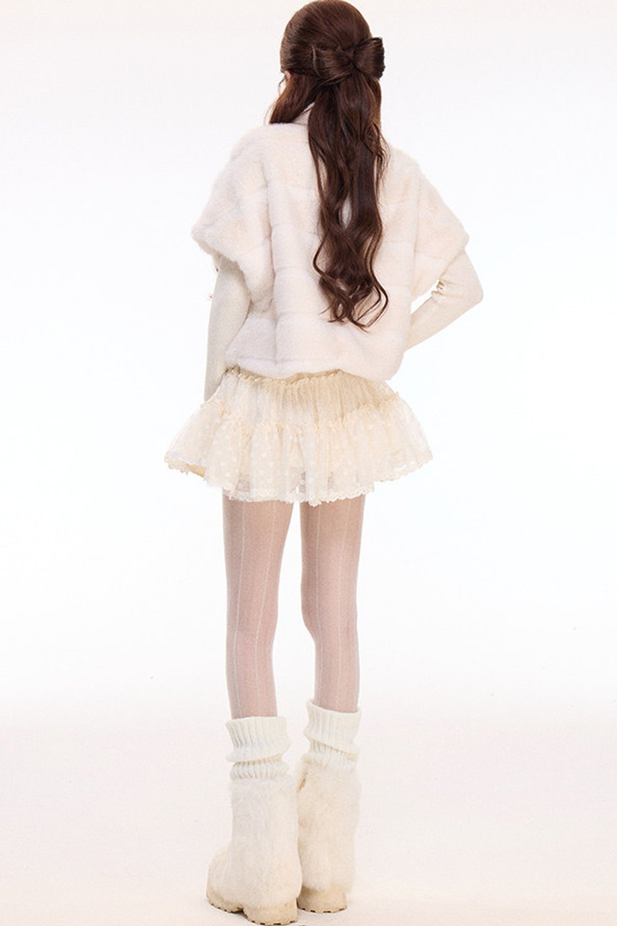 Rabbit Fur Jacket and Polka Dot Lace Skirt Set-Up