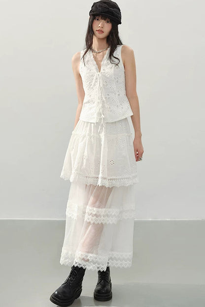 Gonna A-Line In Pizzo Bianco A Balze