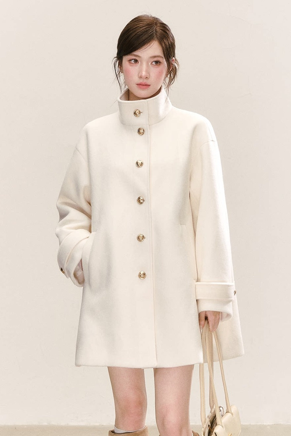 White Wool Blend Detachable Fur Collar Coat