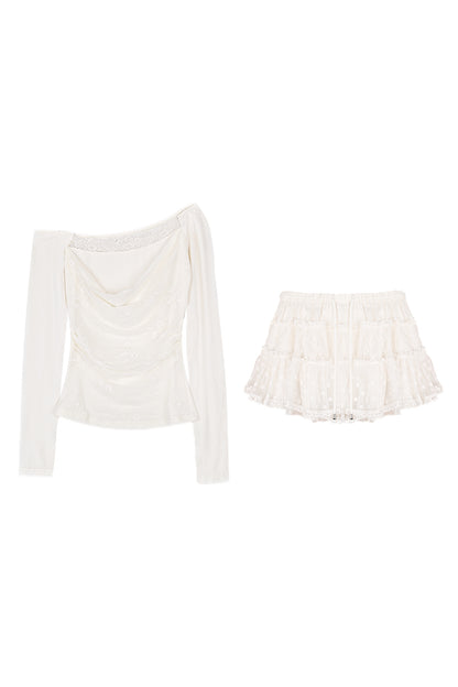 Off-Shoulder Lace Knit Top and Skirt Set-Up