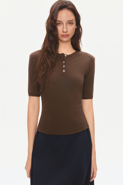 Padded Shoulder Henley Knit Top