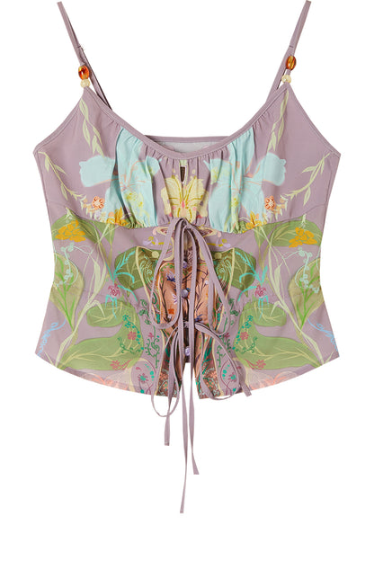 Retro Smudged Floral Chiffon Strap Mesh Skirt Set-Up