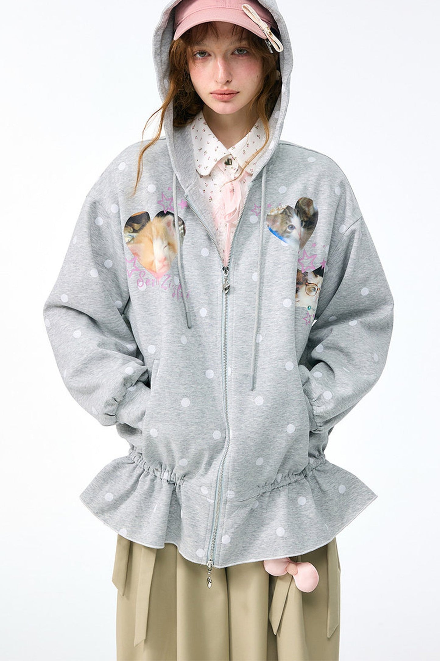 Cat Polka Dot Zipper Hooded Jacket