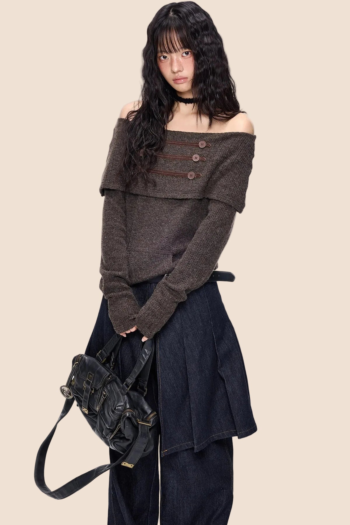 Button Off-Shoulder Knit Top