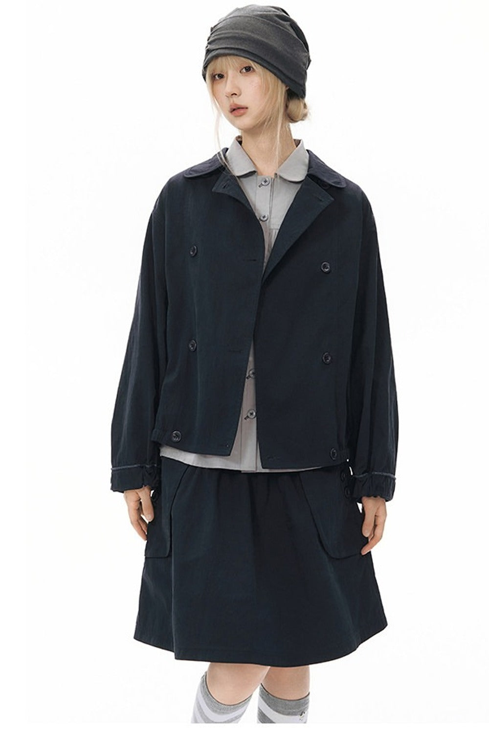 Retro Double-Breasted Workwear Jacket and Skirt Set-Up