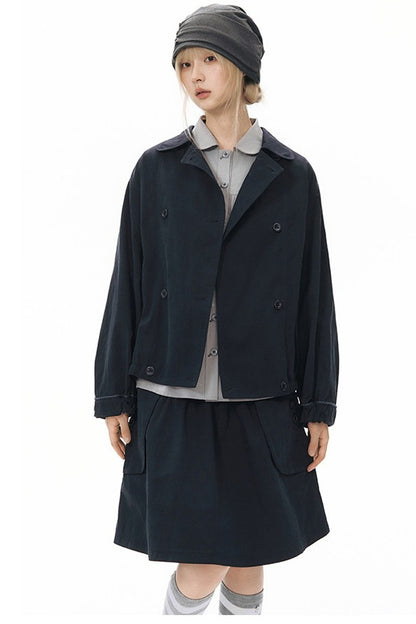 Retro Double-Breasted Workwear Jacket and Skirt Set-Up