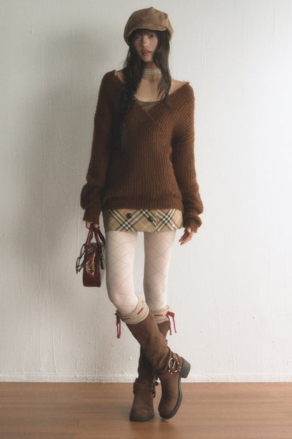 Brown V-Neck Ribbed Pullover