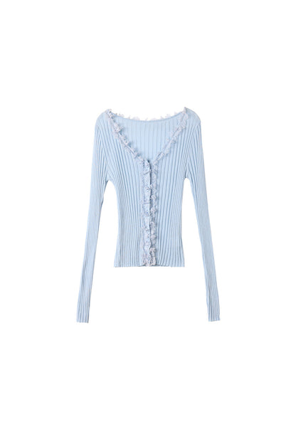 Light Blue Lace Trim Ribbed Knit Top