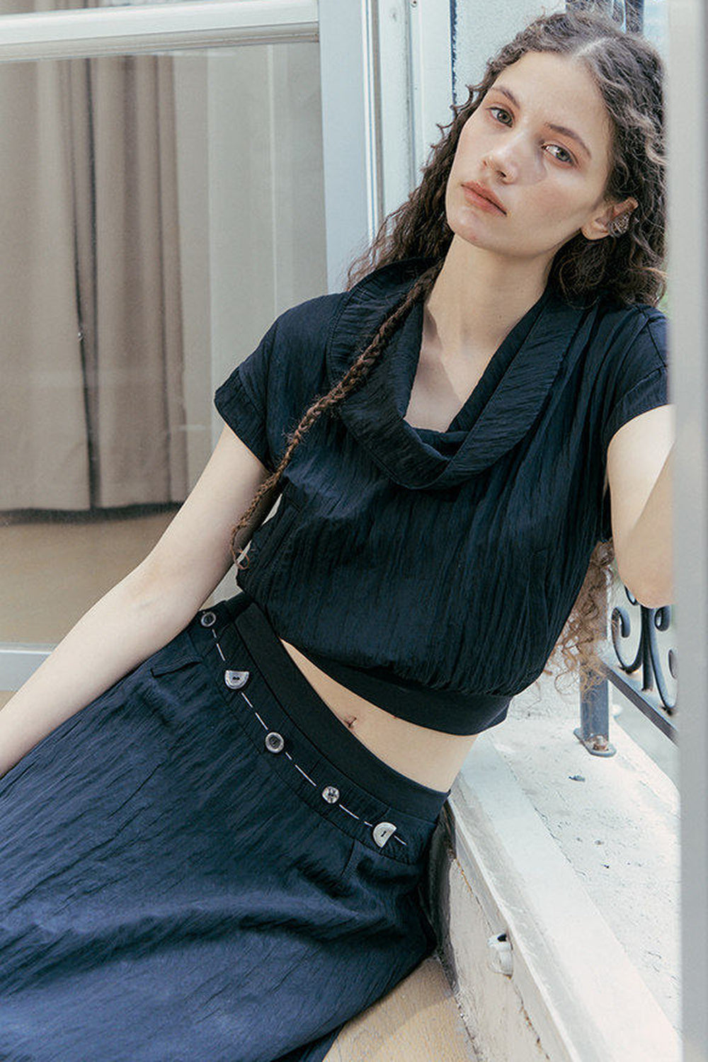 Drape Collar Short Sleeve Shirt With Tie