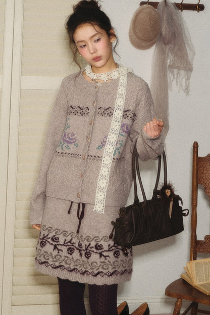 High-Waisted Floral Jacquard Knit A-Line Drawstring Skirt Set-Up