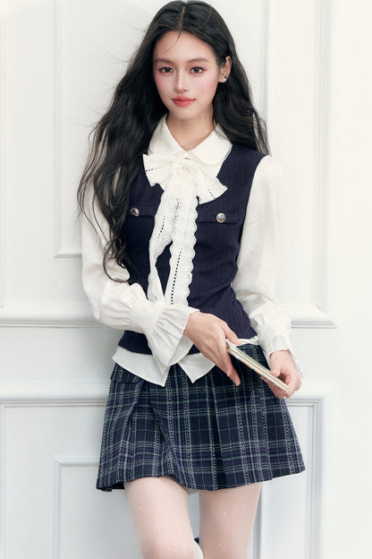 Double-Breasted Pleated Plaid A-Line Skirt