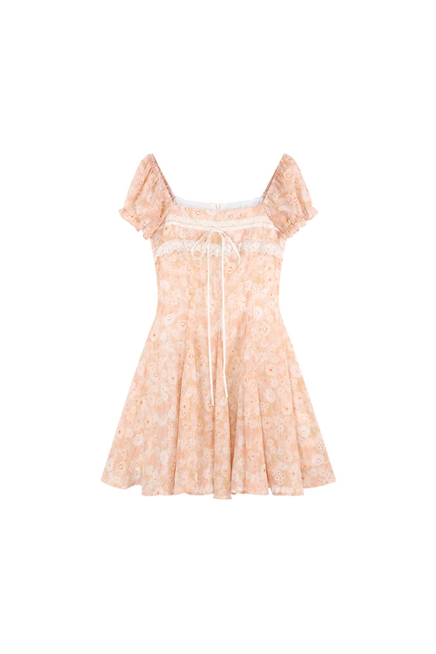 Square-Neck Floral Puff-Sleeve Chiffon Dress