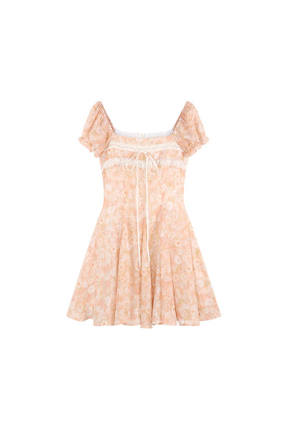 Square-Neck Floral Puff-Sleeve Chiffon Dress
