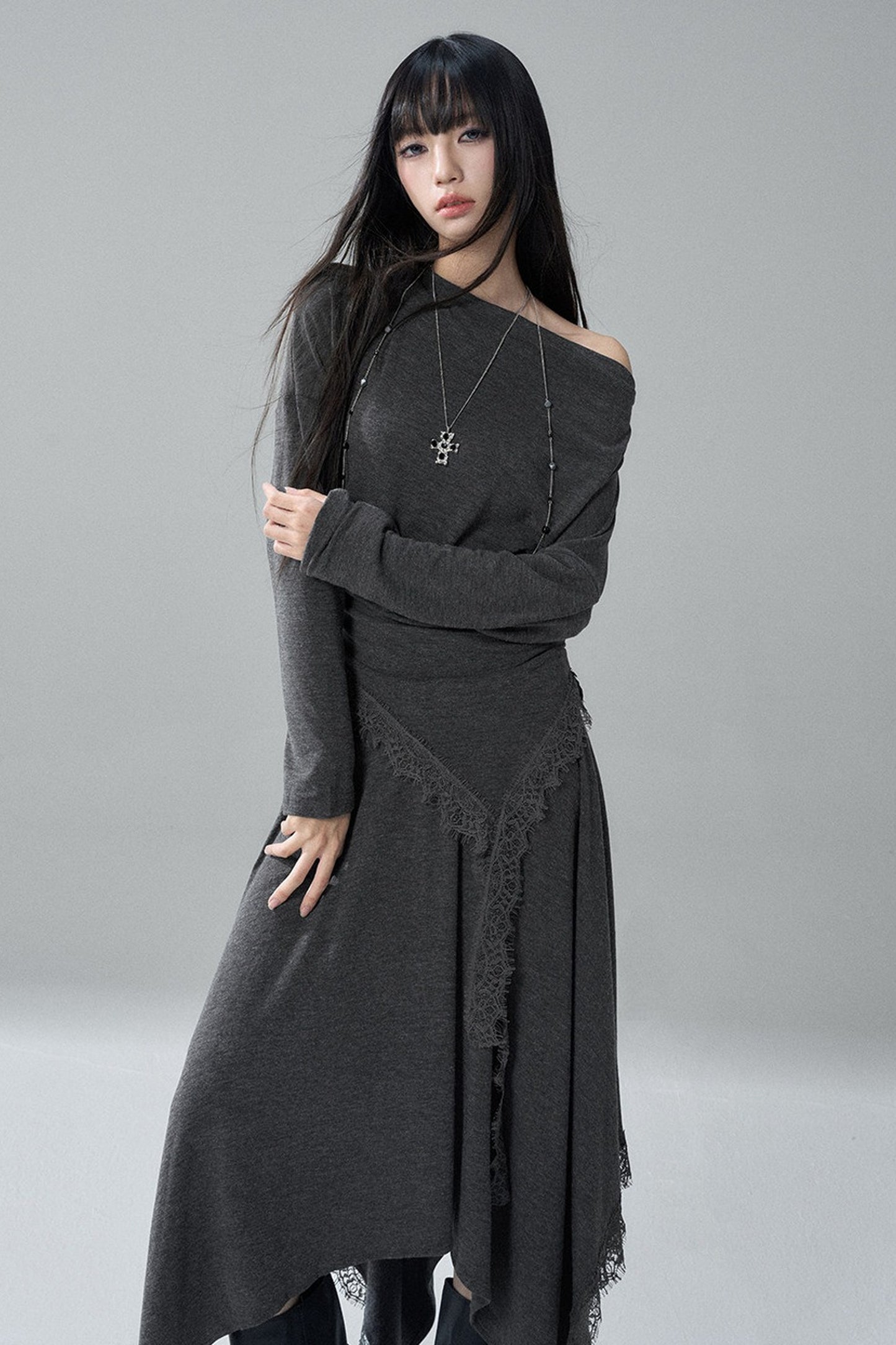 Gray Off-Shoulder Top and Irregular Hem Skirt Set-Up