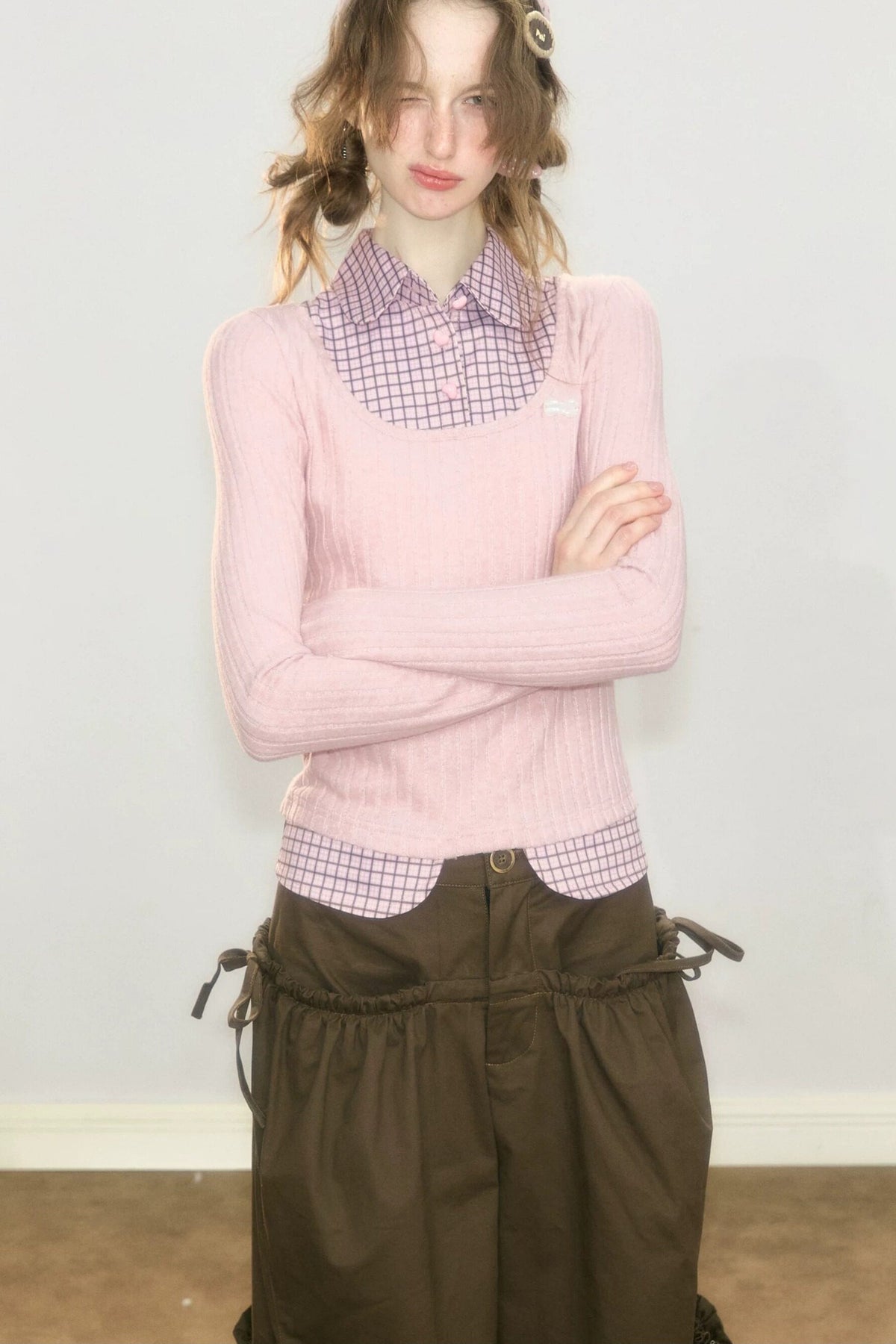 Layered-Look Plaid Collar Knit Top