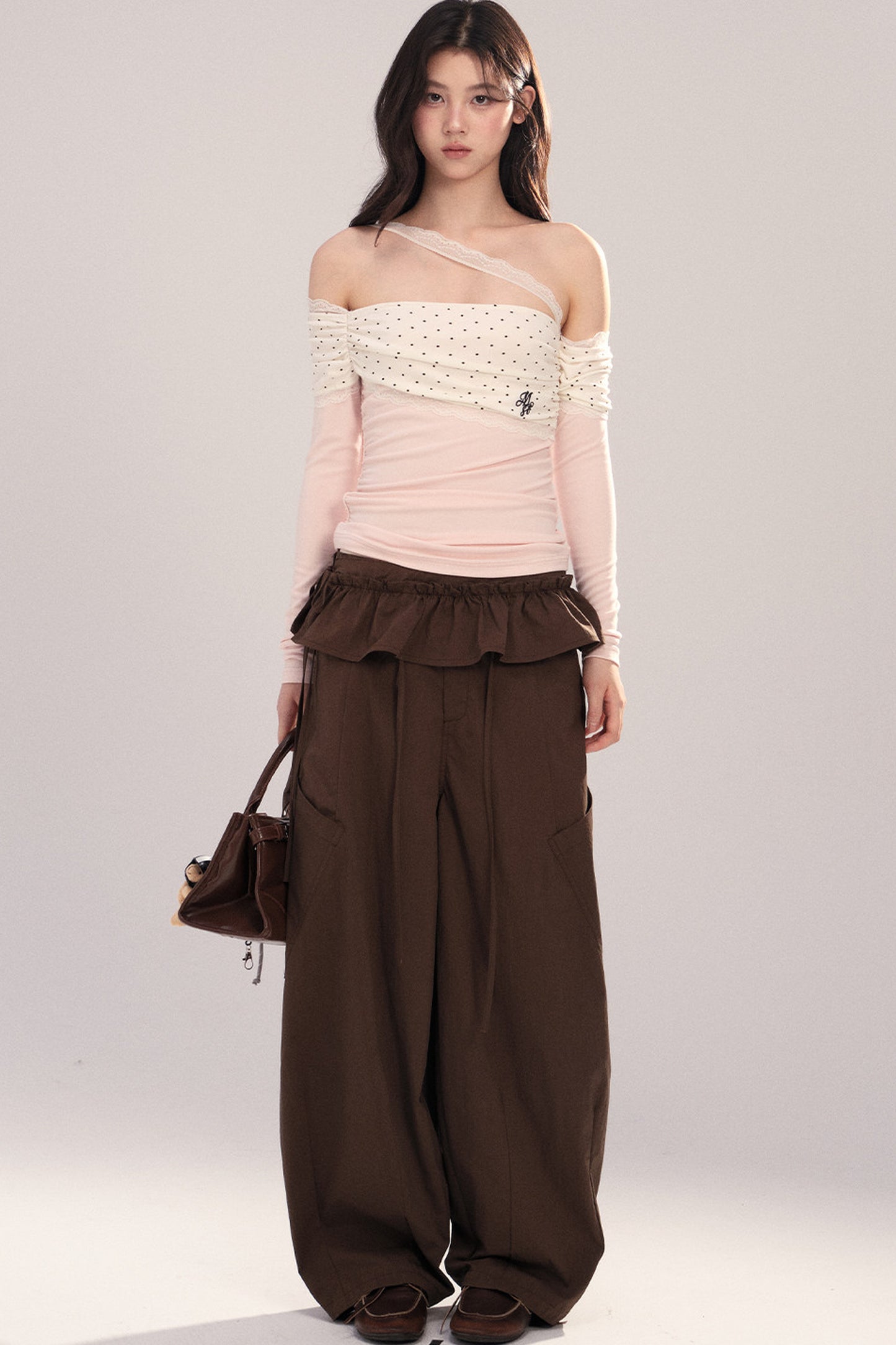 Polka Dot Spliced Lace Off-Shoulder T-Shirt