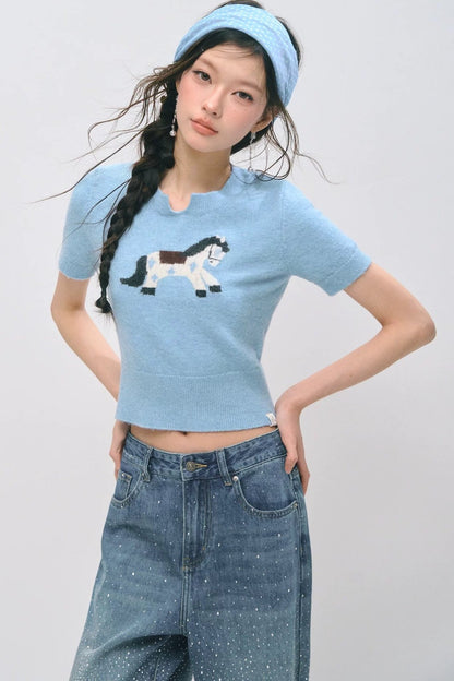 Haut à manches courtes en jacquard à motif poney