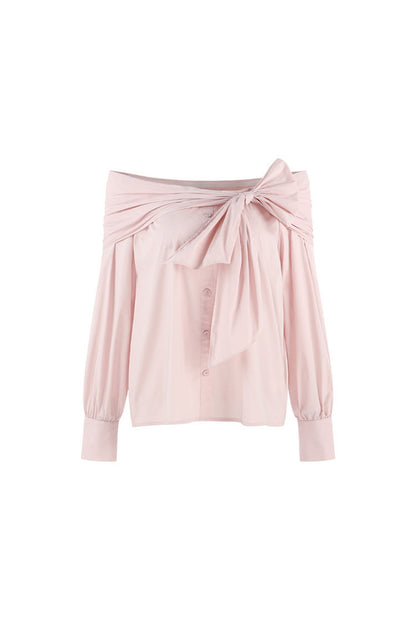 One-Shoulder Bow Long Sleeve Blouse