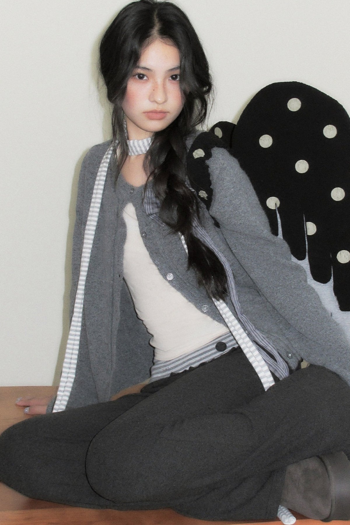 Gray Plaid Bow Knit Sweater and Pants Set-Up