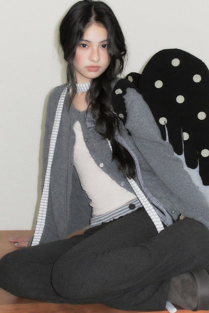 Gray Plaid Bow Knit Sweater and Pants Set-Up