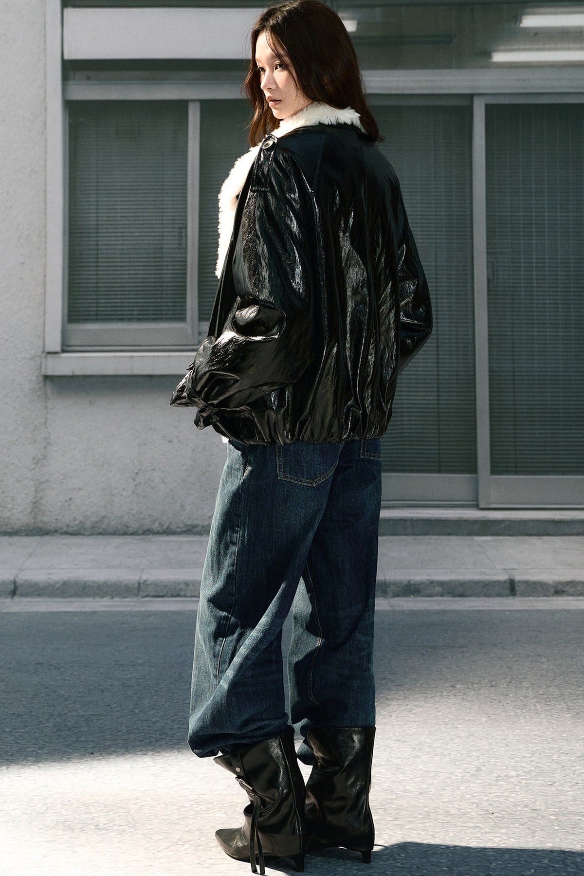 Fluffy Fur Collar Oil Wax Leather Parka