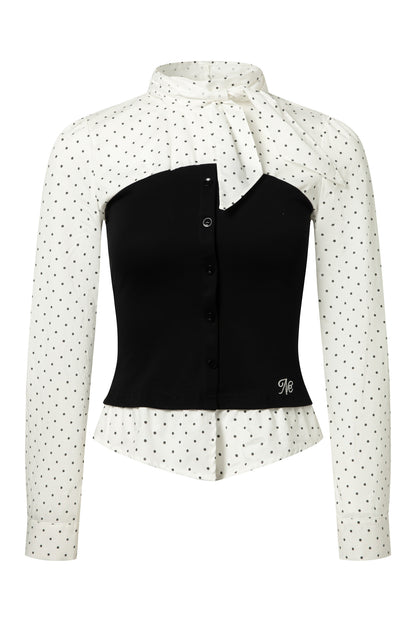 Bow Tie Spliced Shirt and Pleated Mini Skirt Set-Up