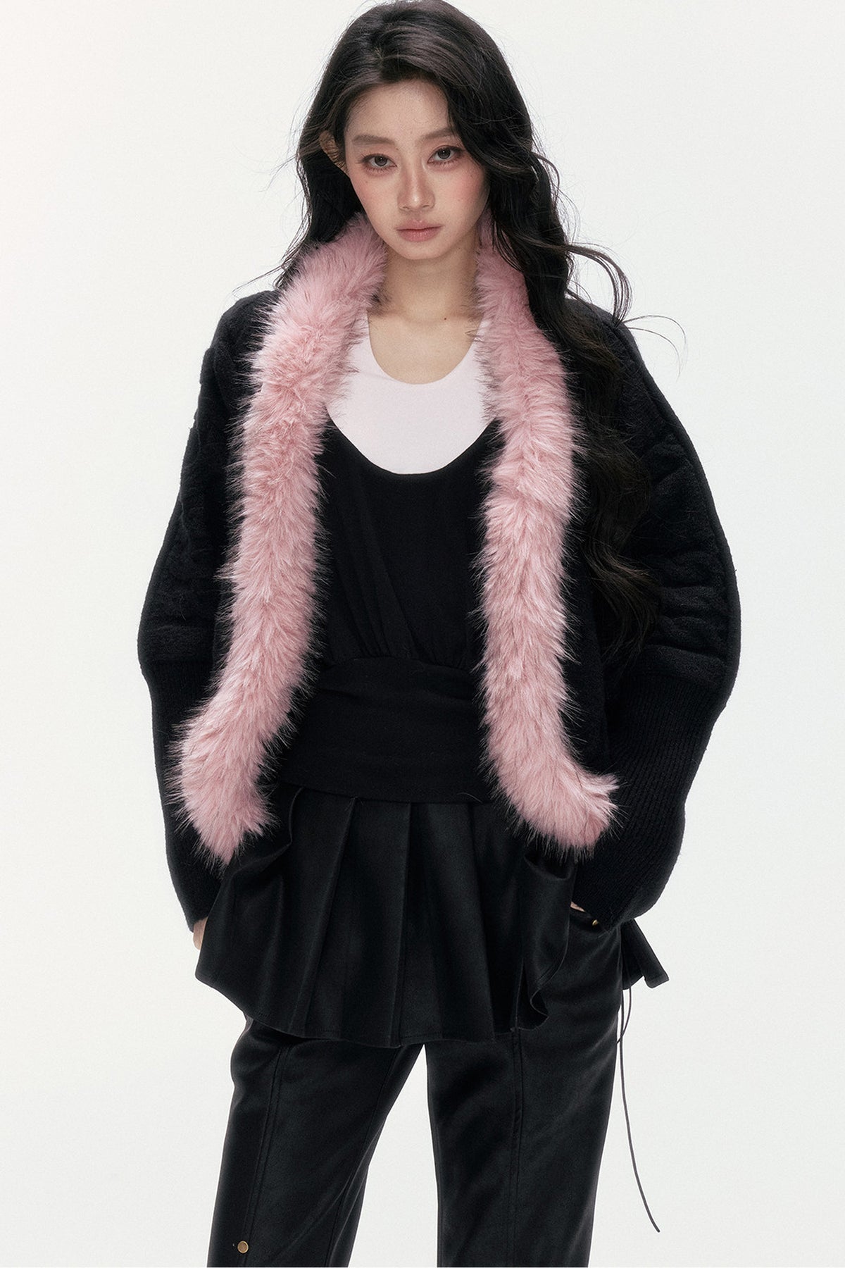 Detachable Fur Collar Batwing Knit Cardigan