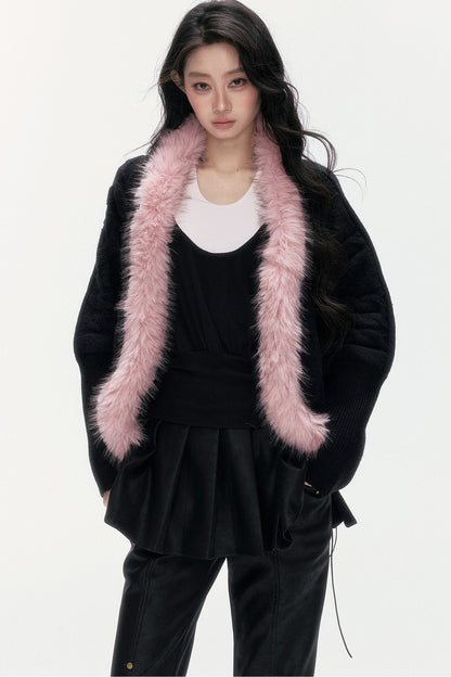 Detachable Fur Collar Batwing Knit Cardigan
