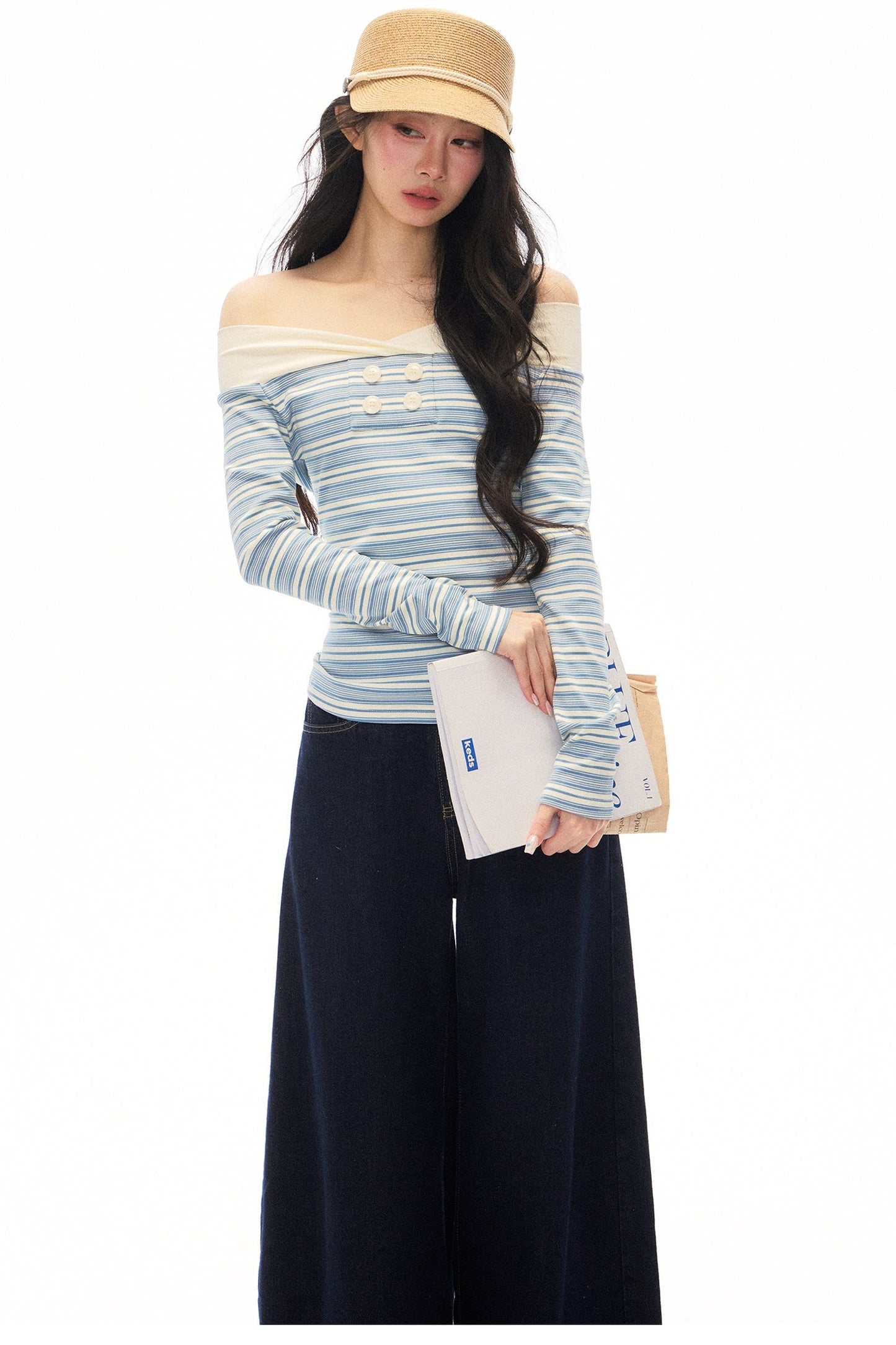 Striped Off-Shoulder Knit Top and Jeans Set-Up