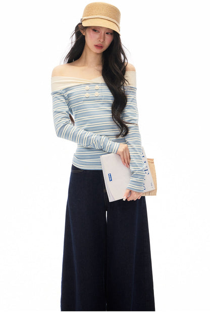Striped Off-Shoulder Knit Top and Jeans Set-Up