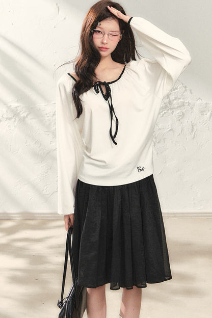 White Off-Shoulder Long Sleeve Top and Polka Skirt Set-Up