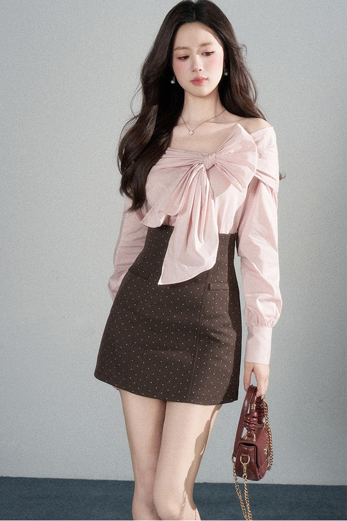 One-Shoulder Bow Long Sleeve Blouse