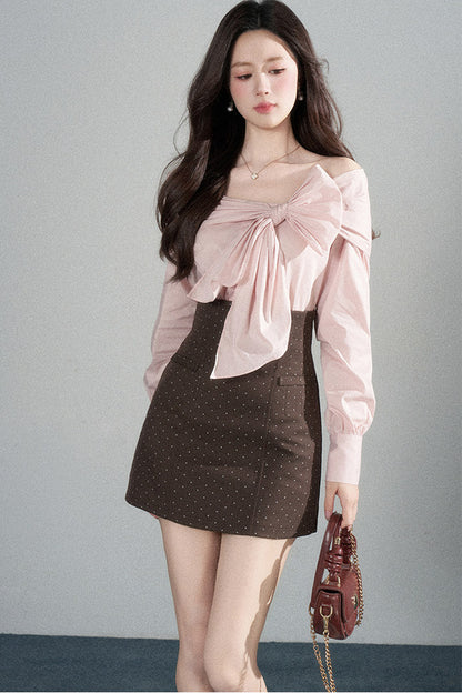 One-Shoulder Bow Long Sleeve Blouse