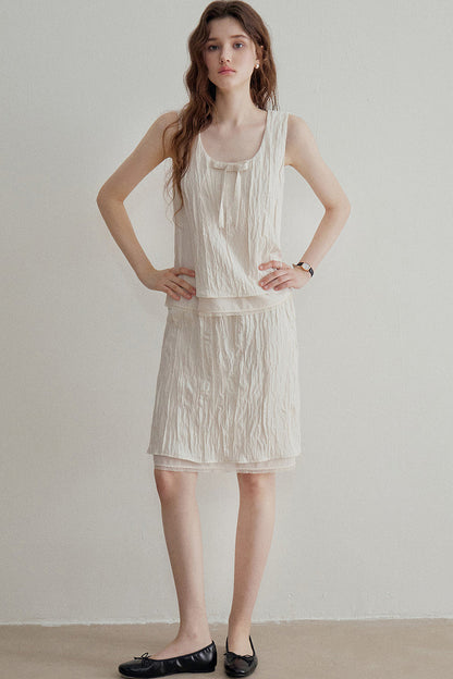 Pleated Bow Linen Vest Set-Up
