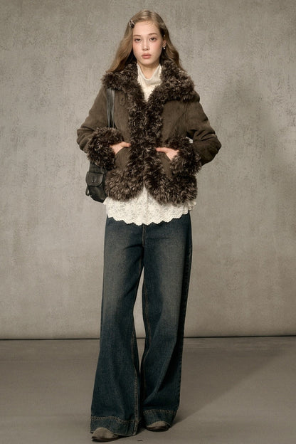 Faux Suede Short Fuzzy Collar Jacket