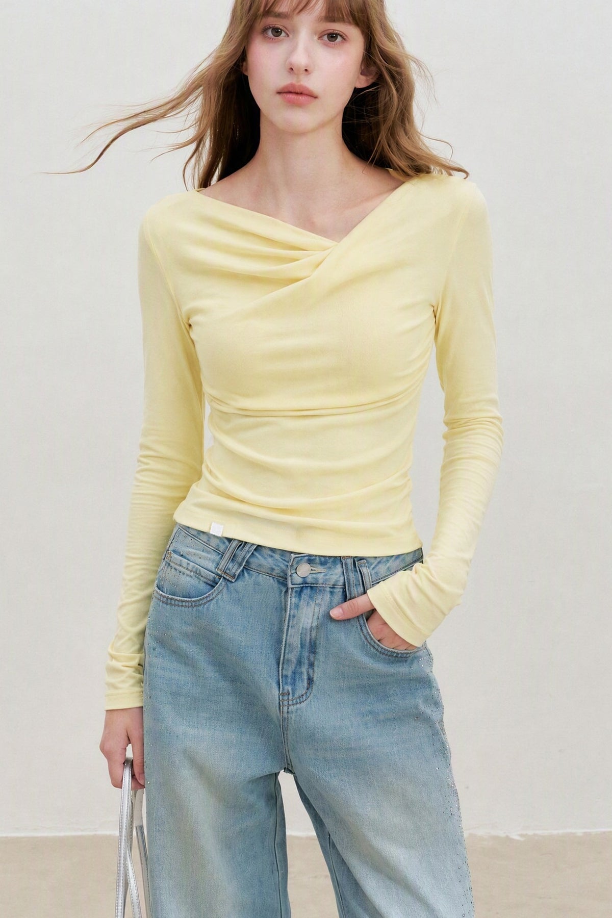 Lyocell Overlapping Pleated Long-Sleeve T-Shirt