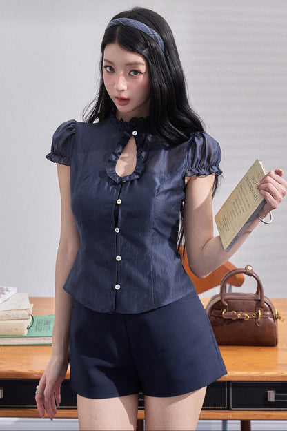Waist-Cinching Lace Puff-Sleeve Top