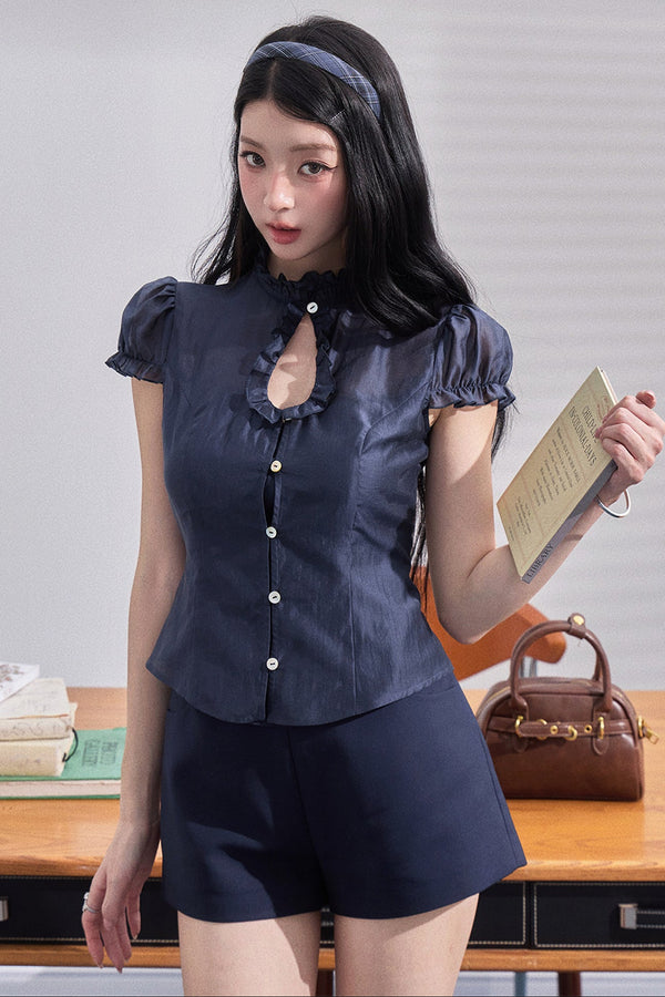 Waist-Cinching Lace Puff-Sleeve Top