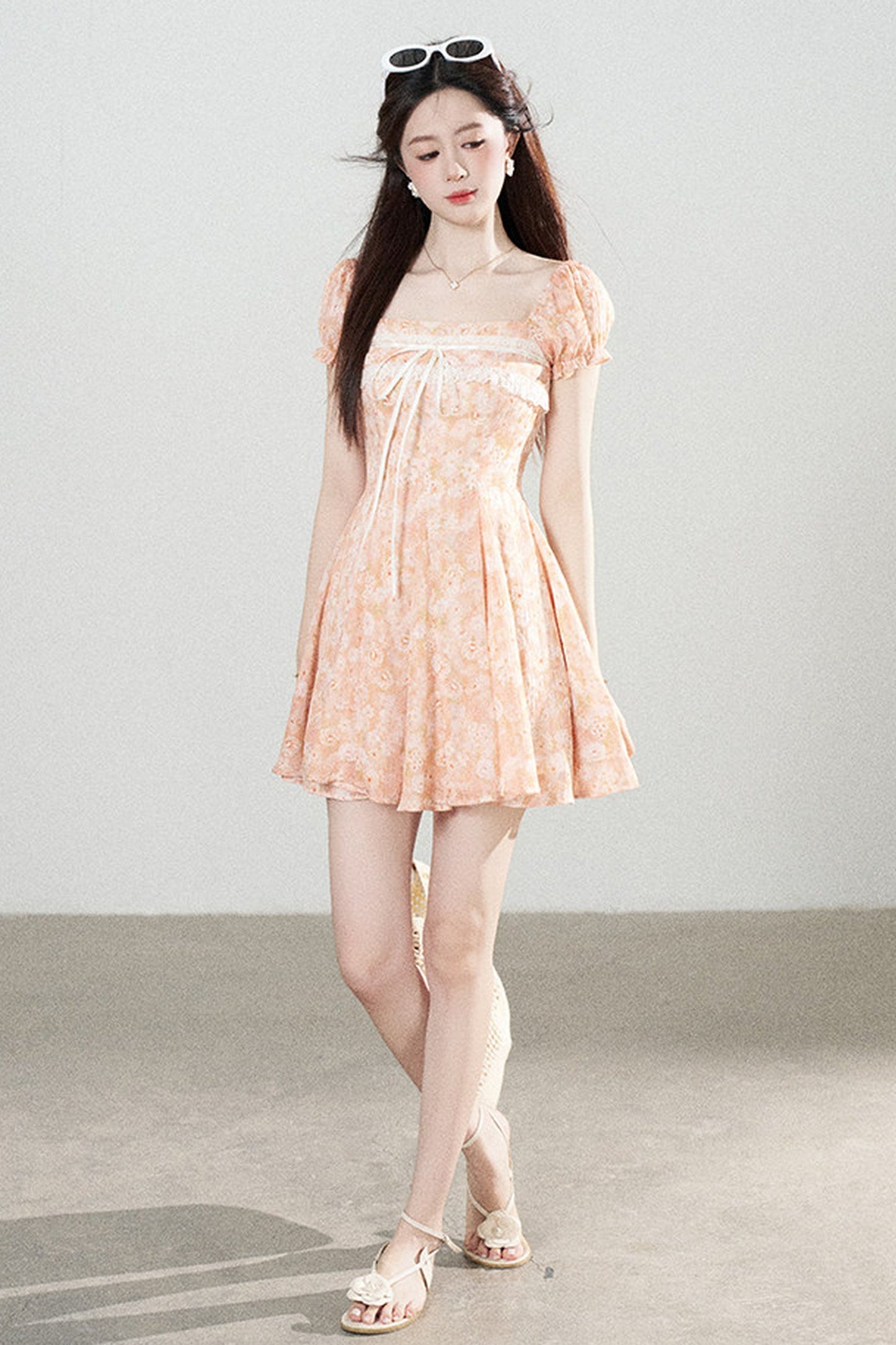 Square-Neck Floral Puff-Sleeve Chiffon Dress