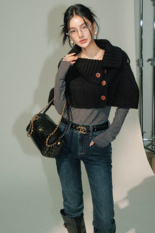 Asymmetrical Lapel Knit Cape and Pants Set-Up