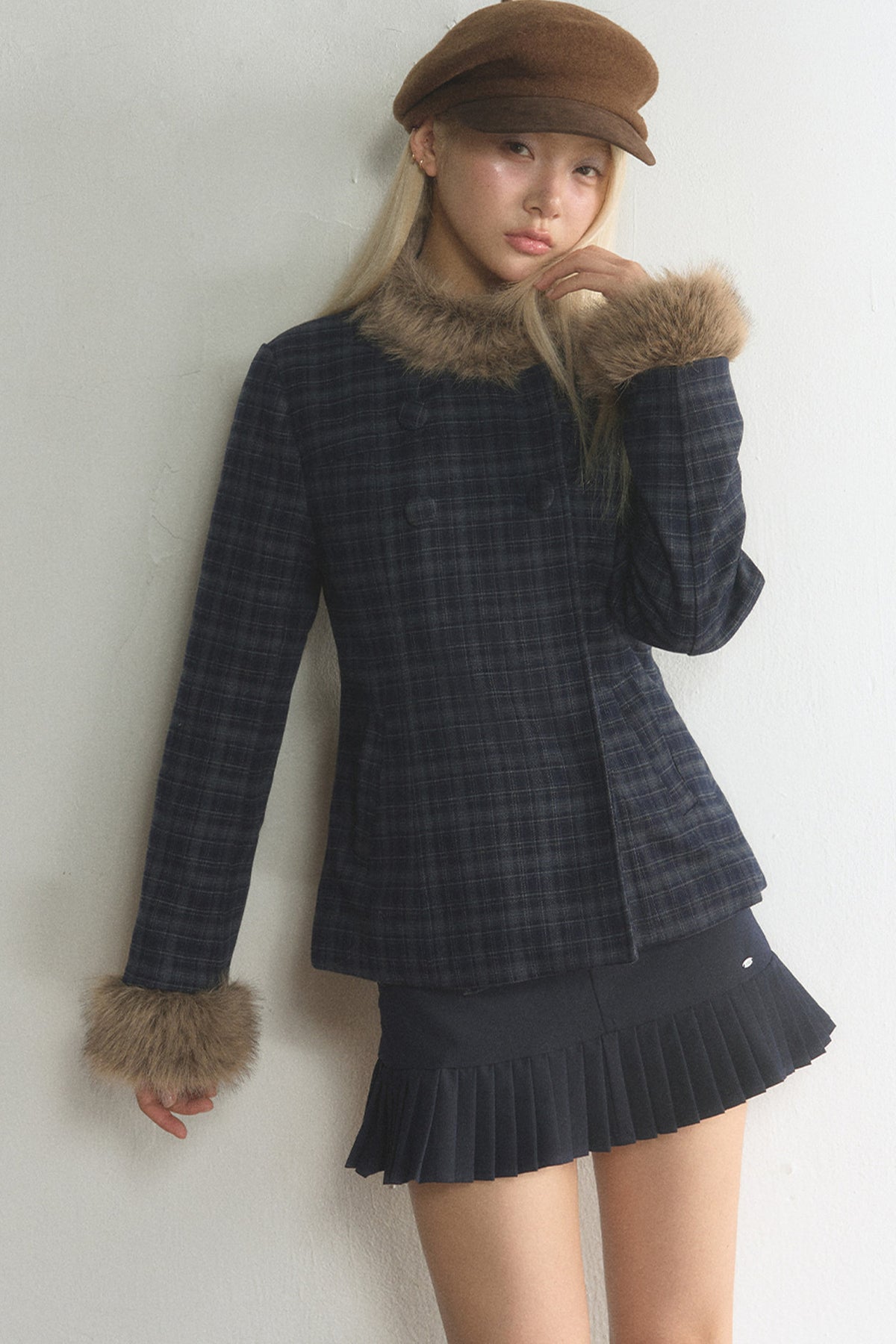 Plaid Woolen Jacket and Skirt Set-Up