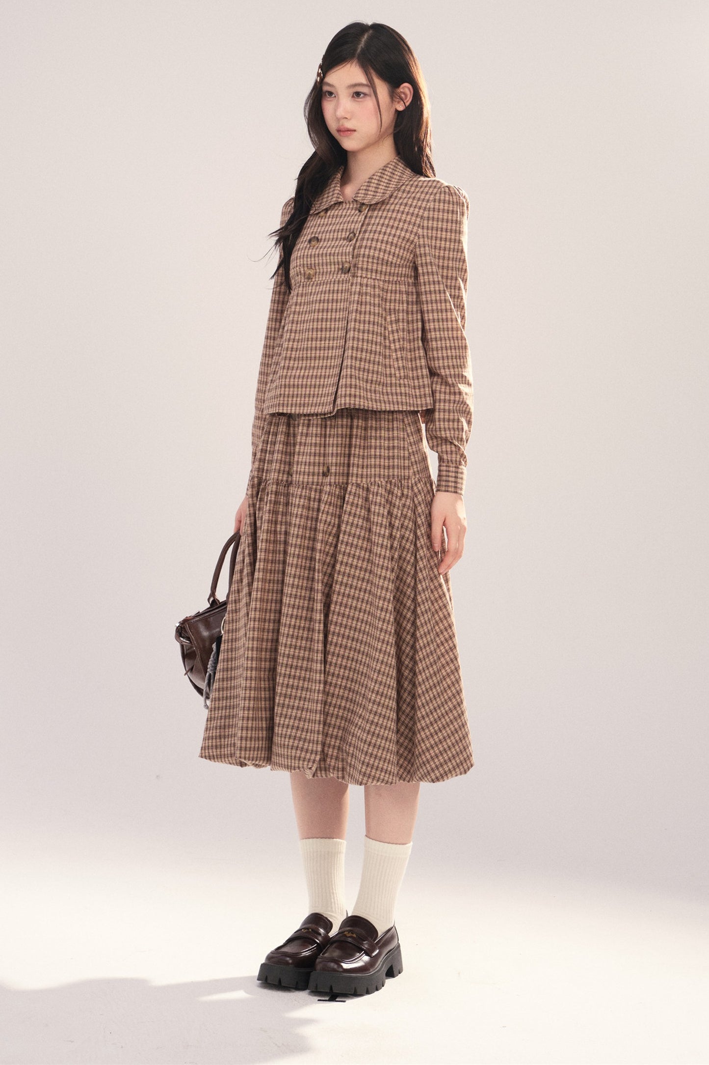 Long-Sleeved Plaid Shirt and Skirt Set-Up