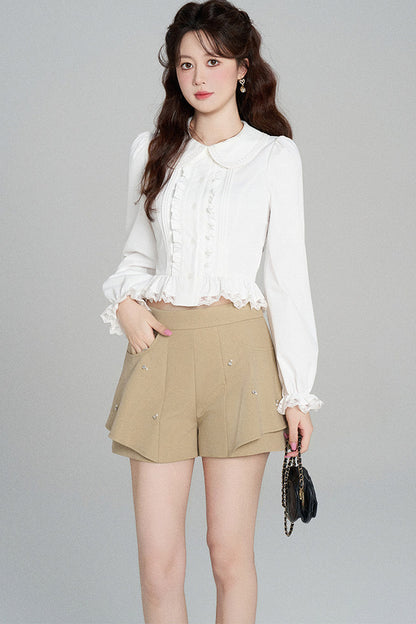 Ruffled Doll Collar Blouse And Shorts Set-Up