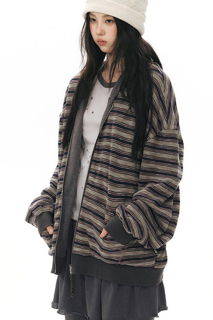 Reversible Striped Hooded Knit Cardigan