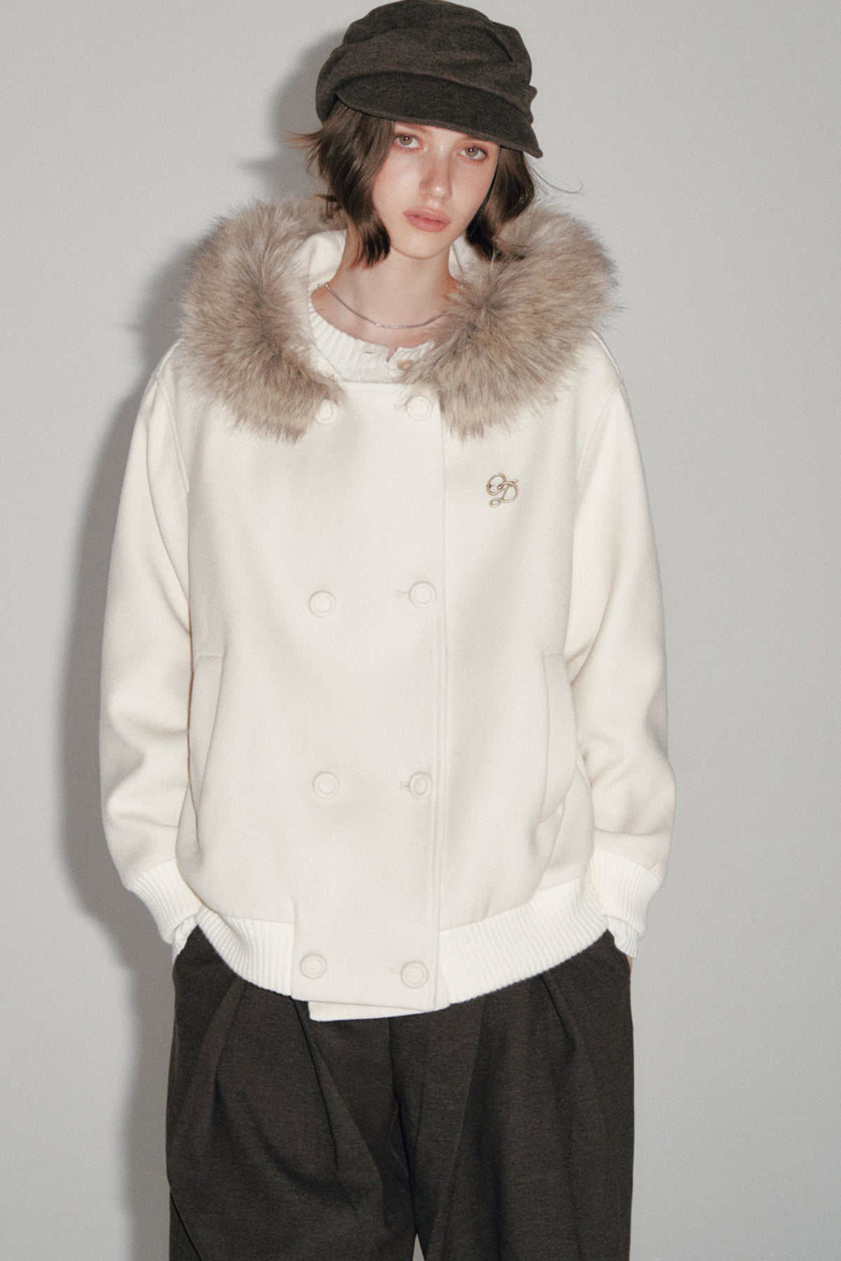 White Wool Hooded Large Fur Collar Jacket