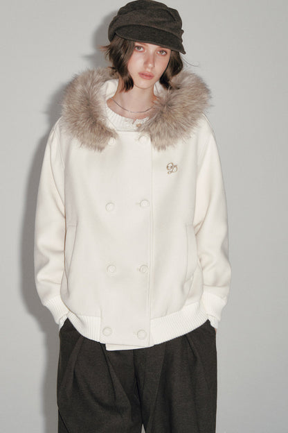 White Wool Hooded Large Fur Collar Jacket